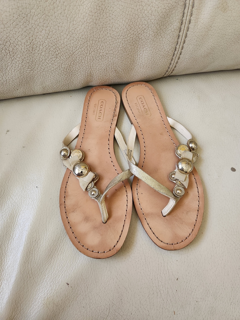COACH Women's Metallic Gold Embellished Thong Sandals